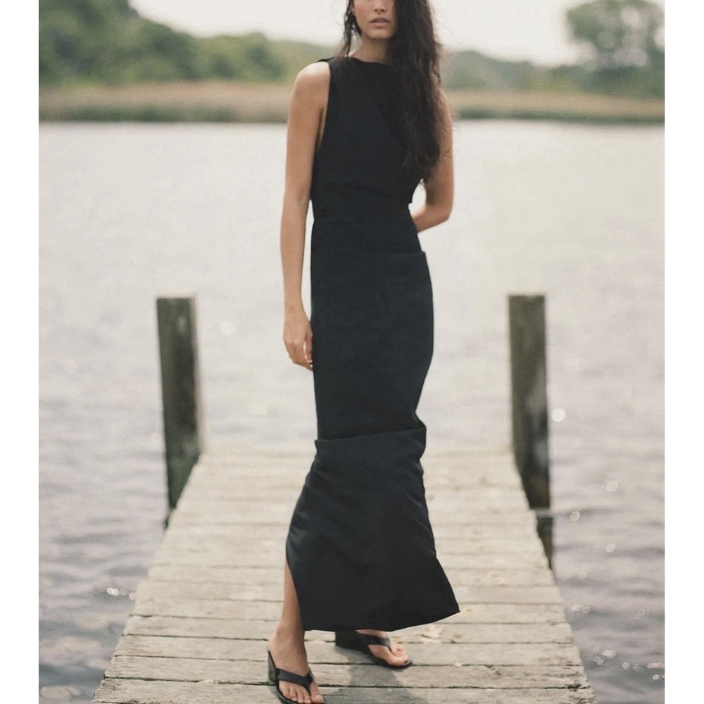 Zara Black Midi Dress Cowl Low Back 90s Minimalist Capsule Hollywood Formal
